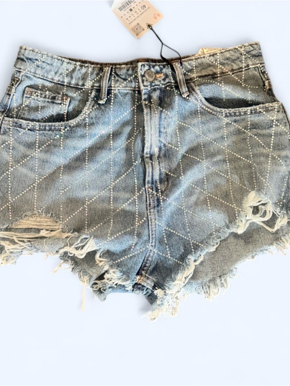 Zara Light Blue Distressed Rhinestone-Embellished Denim Shorts